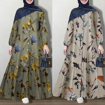 Women's Floral Print Abaya Maxi Dress Long Sleeve Button Down Kaftan Loose Islamic Modest Dress Casual Muslim Prayer Robe