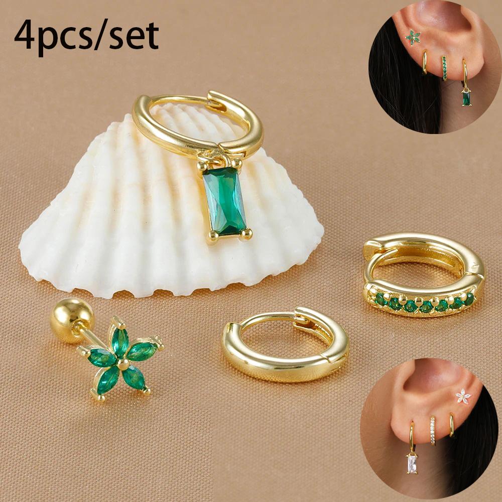 4PCS Exquisite Stainless Steel Flower Square Earrings Set for Women Gold Plated Huggie Dangle Earring Piercing Jewelry aretes