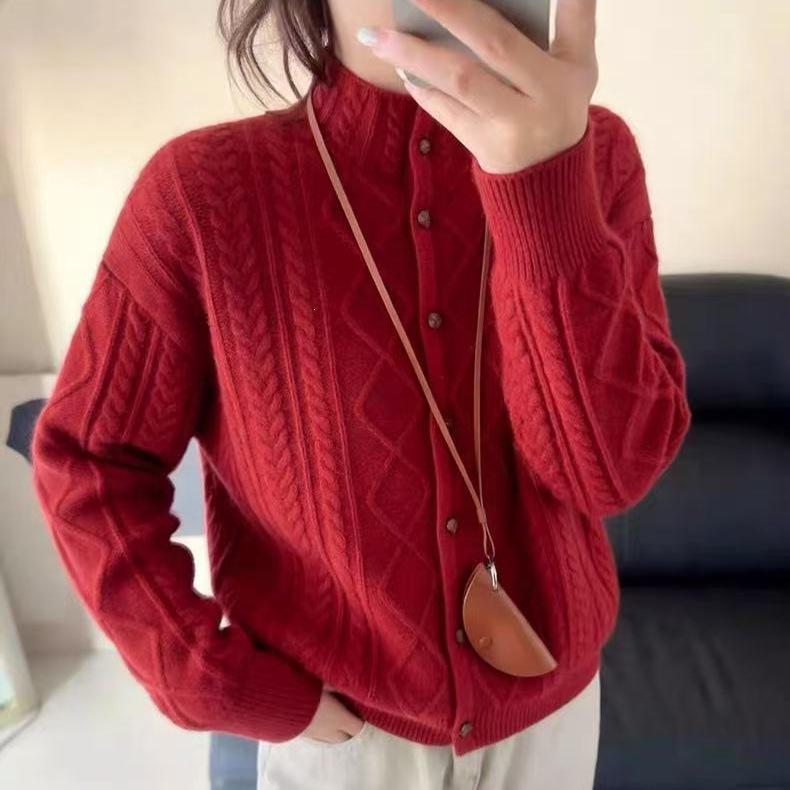 Women's 100% Pure Wool Half-High Collar Cable Knit Cardigan - Loose Long Sleeve Trendy Sweater for Autumn/Winter