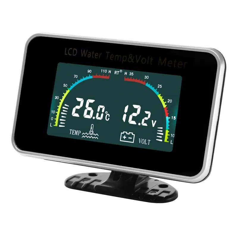 Auto LCD Water Temperature with 10mm Temp Sensor Voltmeter Gauges 26mm-40mm Joint Pipe Adapter For 12V/24V Car