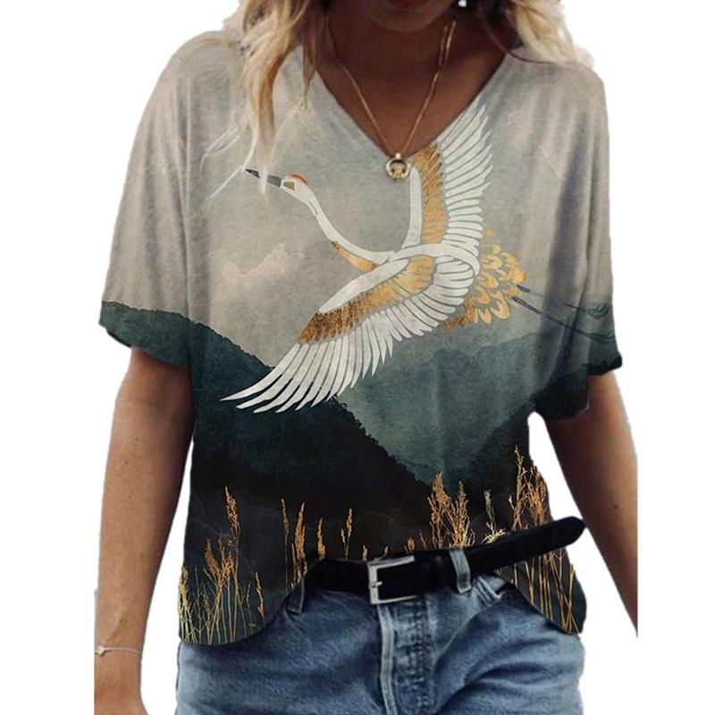 Loose V-neck Short Sleeved Summer Youth Women's 3D Printed T-shirt