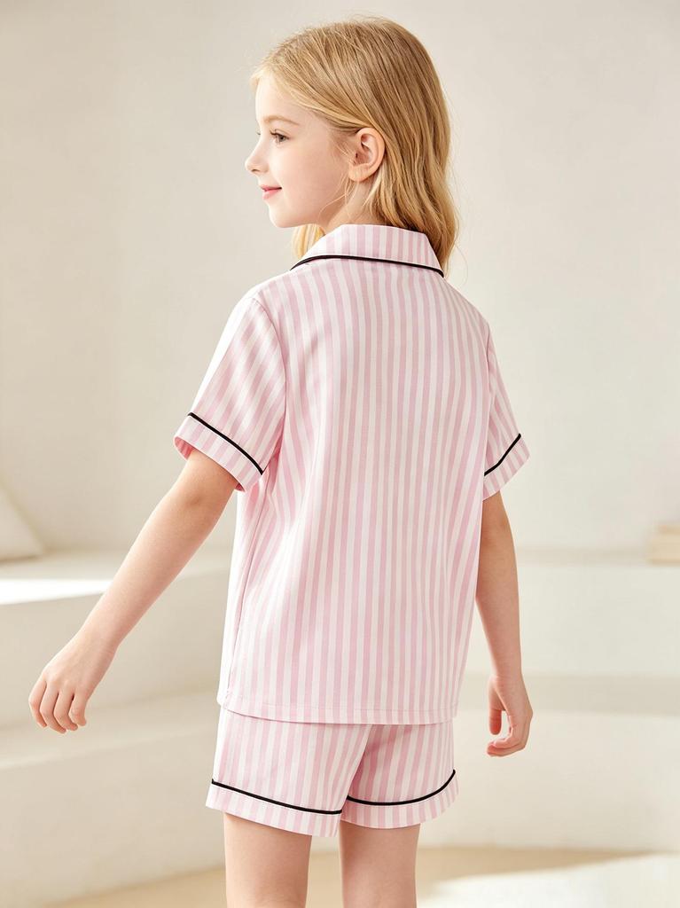 Girls Pink Striped Pajama Set, Short Sleeve Button-Down Sleepwear with Bow, Soft Loungewear for Kids 8-13 Years