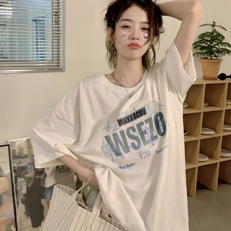 White ice silk alphabet top women s spring and summer new hot-selling printed short-sleeved T-shirt M