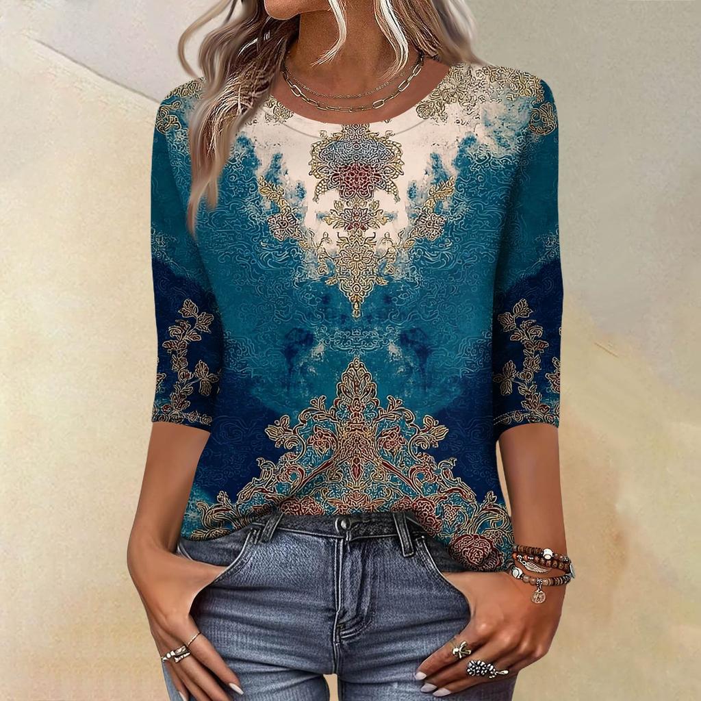 Módní vintage top s 3/4 rukávem pro ženy, dámská ležérní halenka s tříčtvrtečním rukávem a kulatým výstřihem s potiskem