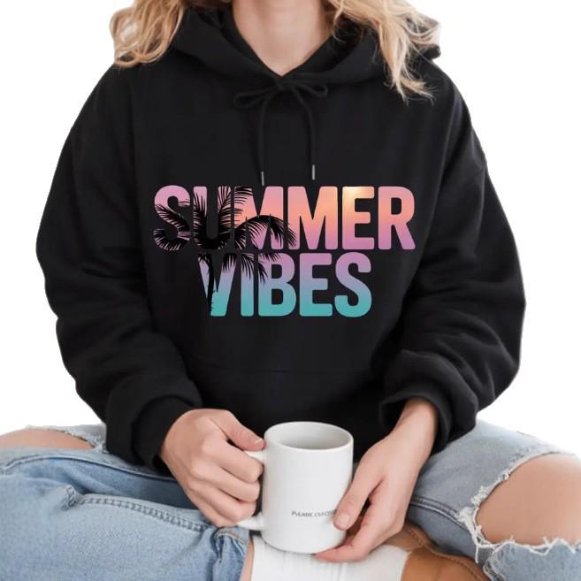 2025 European Size Drop Shoulder Coconut Tree 'SUMMER VIBES' Hoodie Sweatshirt