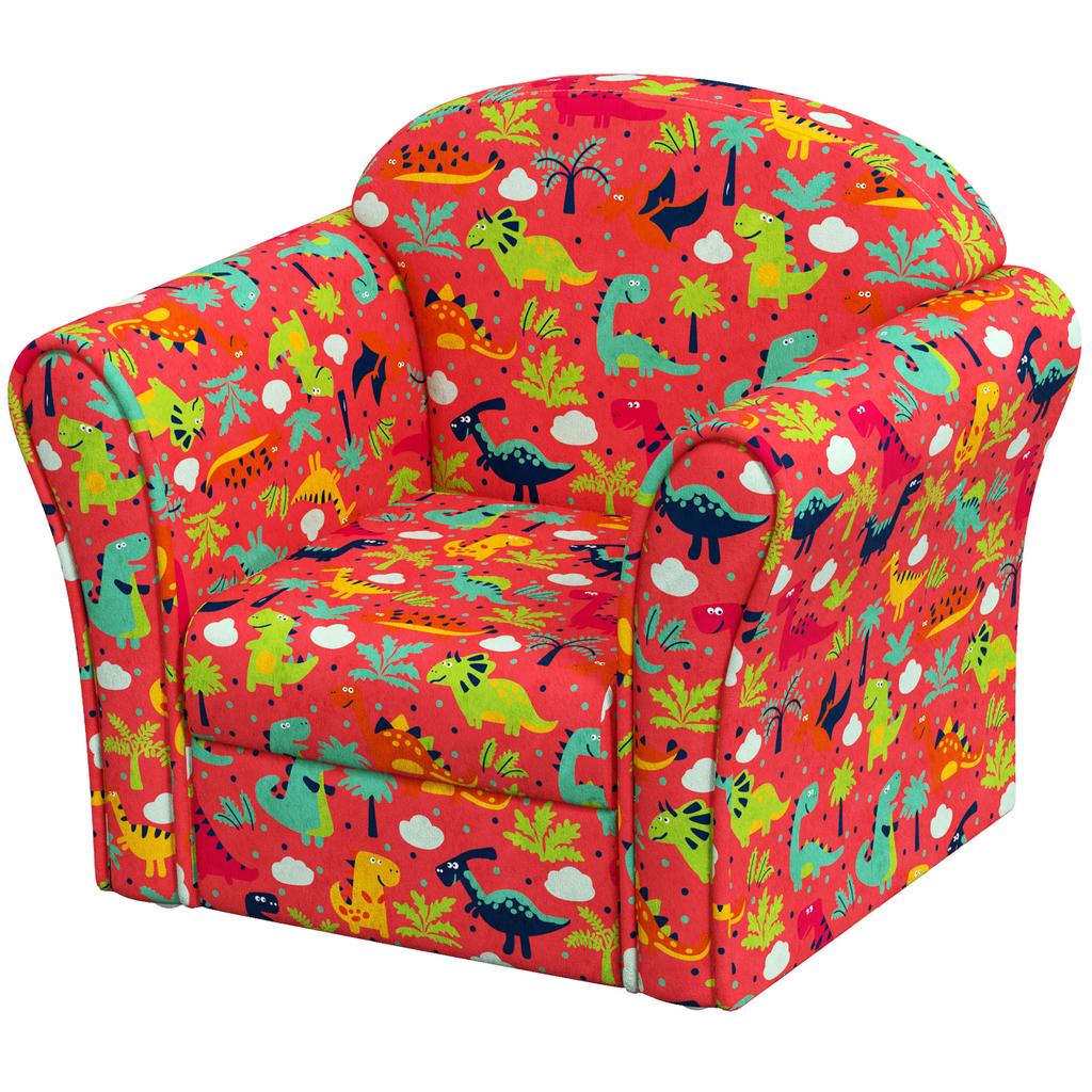 Kids Armchair with Dinosaur Design, Wooden Frame, for Bedroom, Playroom, Kids Room - Red