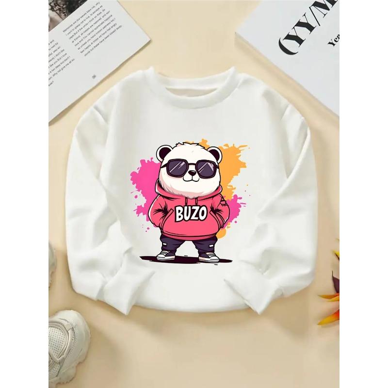 European sizes Kids Crewneck Sweatshirt - Panda Wears Pink Hoodie with Buzo Text , Sportswear And Casual Wear, Soft And Comfortable 110 белый