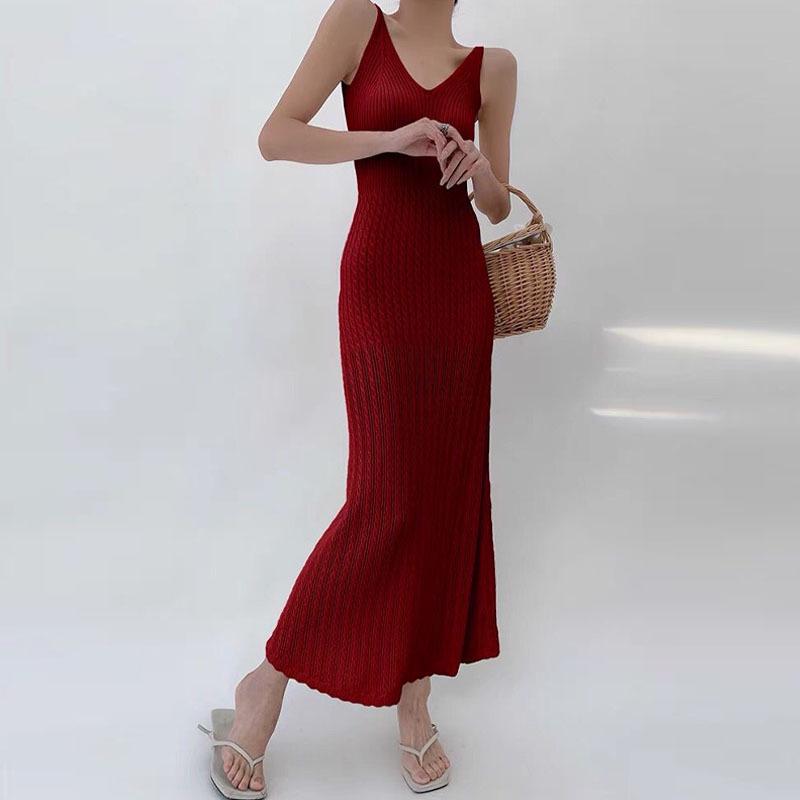 

Французское трикотажное платье-бодикон с V-образным вырезом - Летнее макси-платье, стройнящее фигуру Small красный