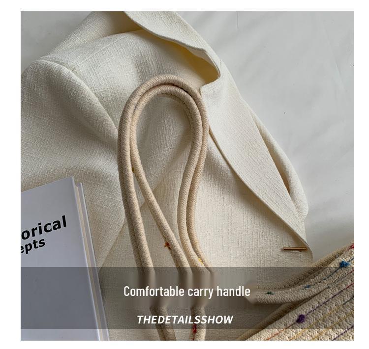 Retro Style Women's Color Block Large Cotton Rope Woven Beach Bag