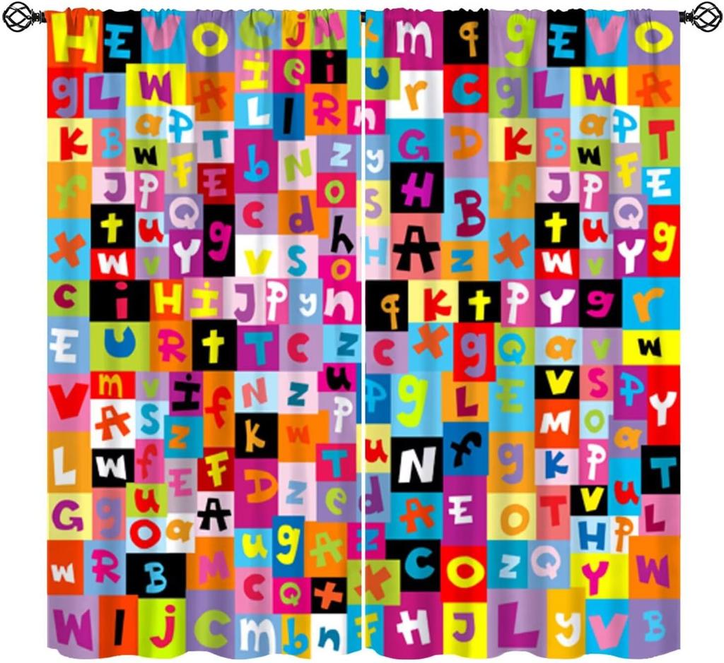 Funny Education Alphabet Abc Curtains,Cartoon Kids Learning Letters Watercolor Decor Rod Pocket Window Treatments For Boy Baby