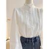 Kant Patchwork Wit Paddenstoel Opstaande Kraag Dames Lantaarn Lange Mouw Top