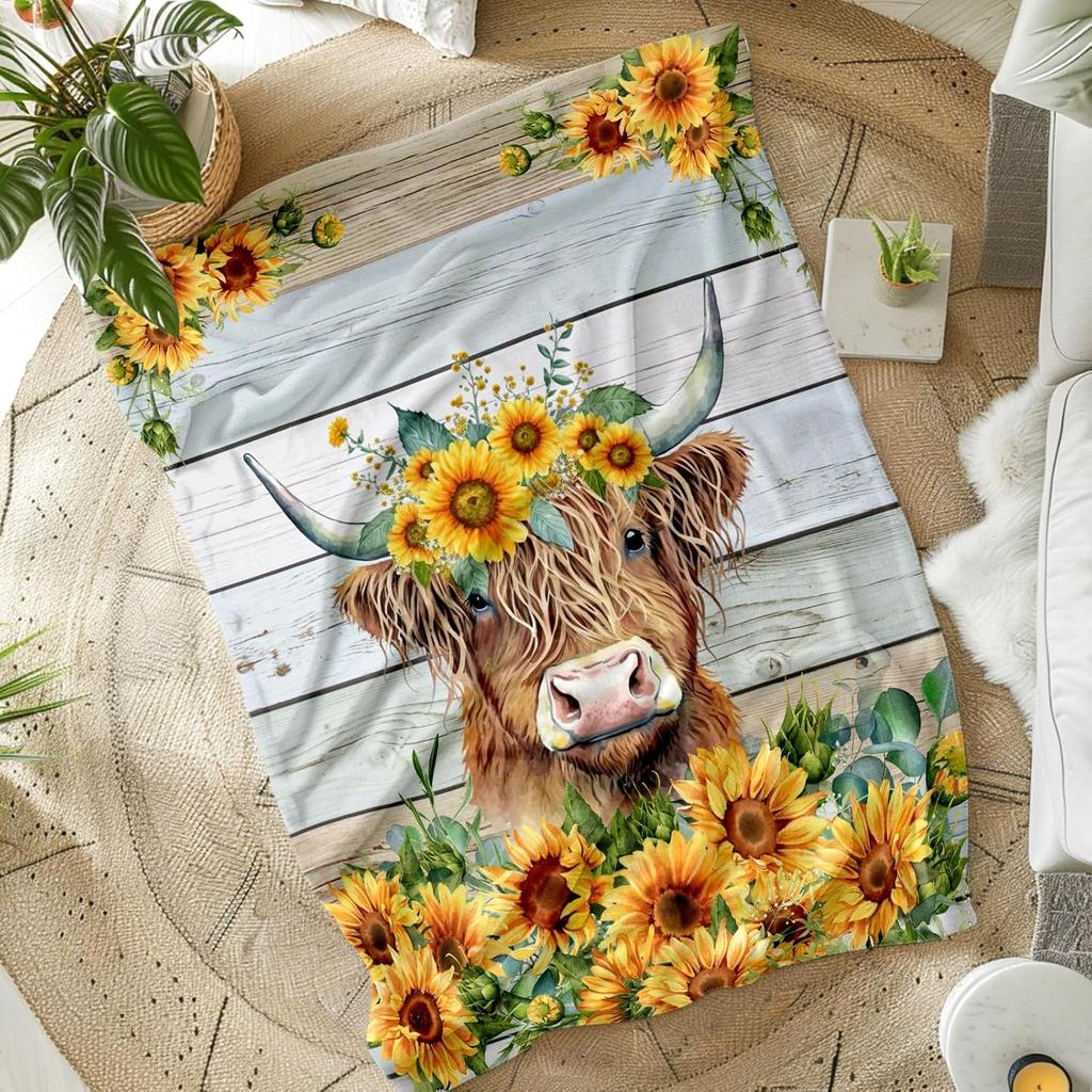 Sunflower Highland Cow Blanket Soft Nature & Animal Flannel Throw Blanket For Sofa Bed Perfect Gift & Cozy Home Decor Blanket