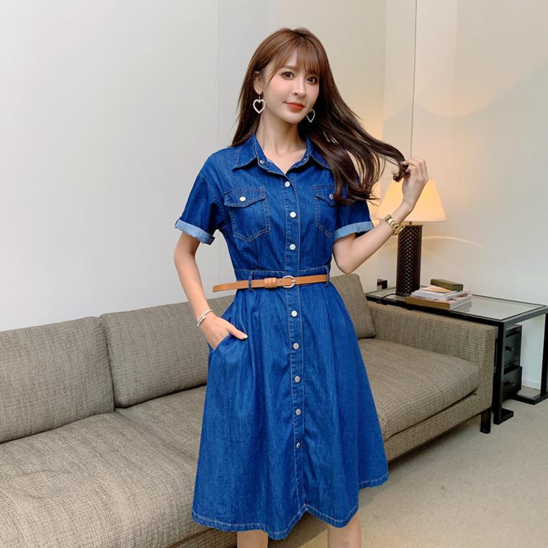 

Женское платье из денима в стиле ретро от французского производителя: Узкая талия, летняя юбка А-силуэта + пояс Medium темно-синий