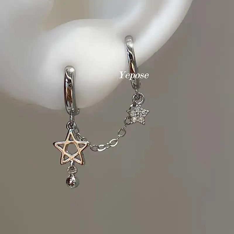 1PCS Silver Color Star Chain Double Ear Hole Stainless Steel Ear Bone Nail Y2K Fashion Hottie Earrings for Women Jewelry