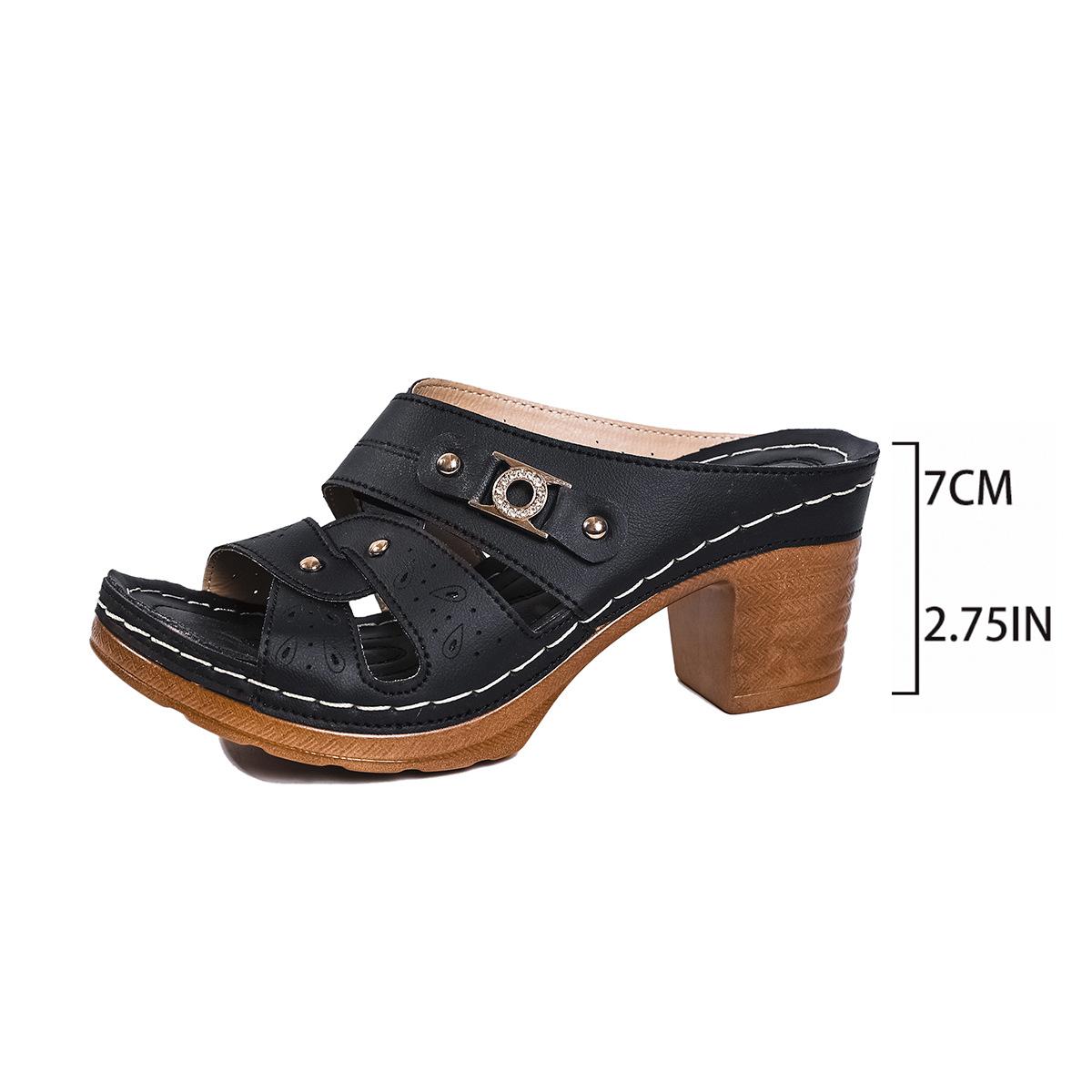 

Модные ретро повседневные шлепанцы в римском стиле с круглым носком для женщин, новые босоножки на высоком каблуке с пряжкой и больших размеров с ажурным узором 43 чёрный