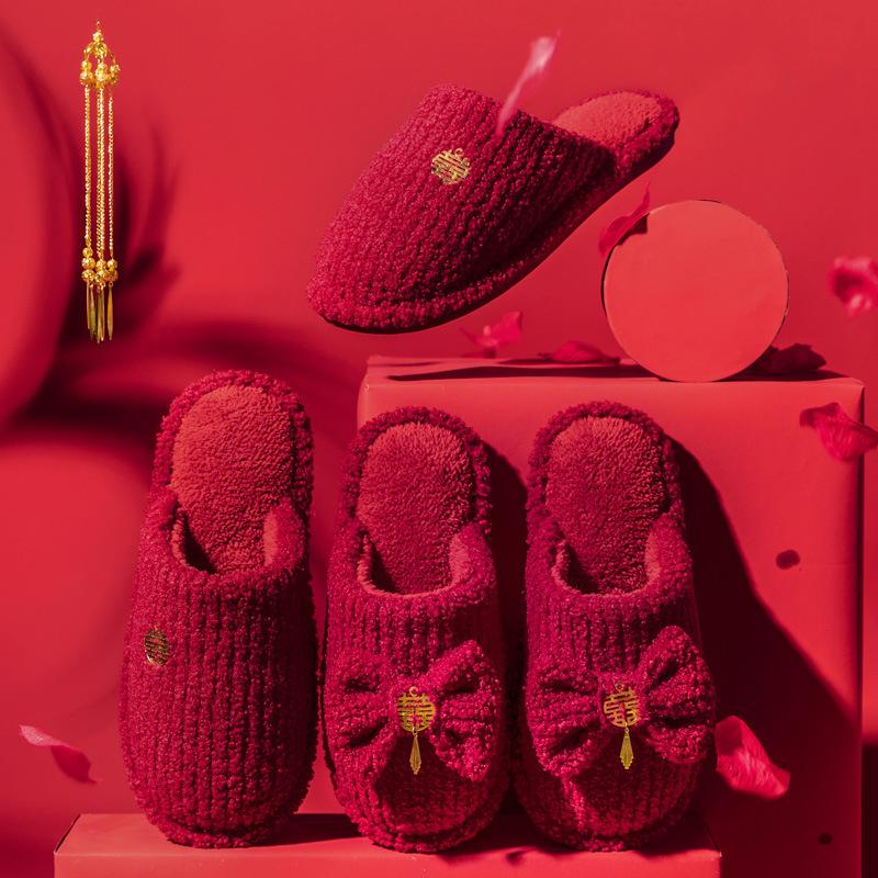 Wedding big red cotton slippers wedding a pair of festive natal year couple tiger bride morning robe autumn and winter