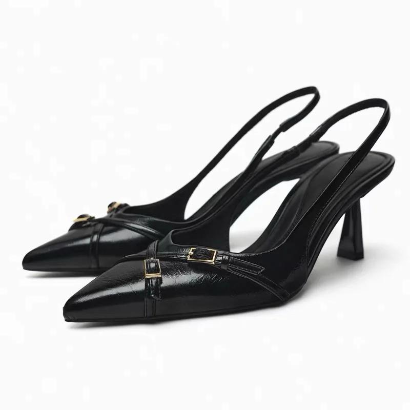 

Black Woman High Heel Pumps Chic Buckle Cross Strap Pointed Toe Elegant Summer Slingback Modern Office Wedding Shoes for Lady 42 чорний