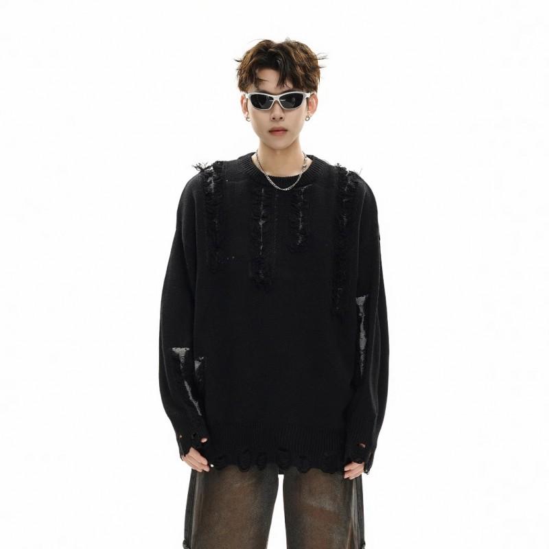 Unisex Oversized Knit Sweater With Distressed Hole Detail Streetwear Casual Pullover Youth Winter
