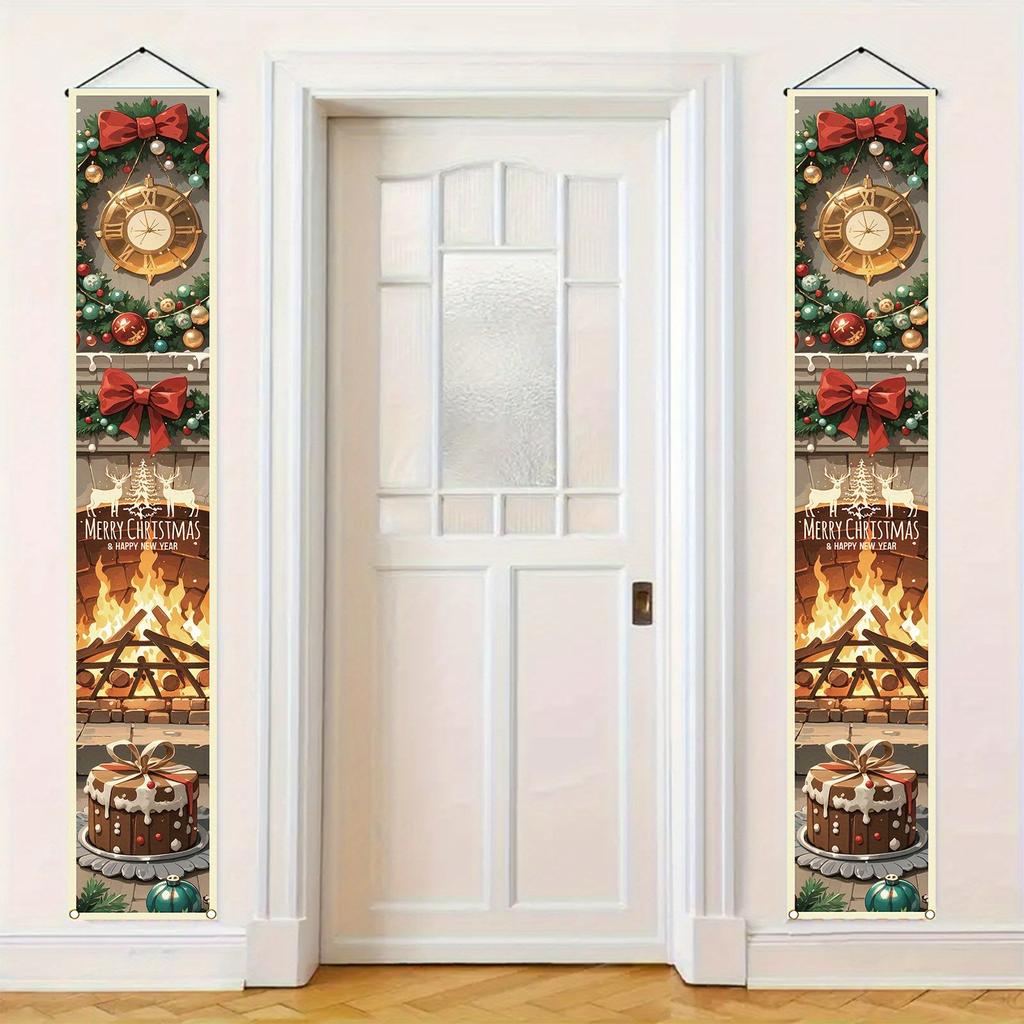 2pcs Couplet-Style Porch Hanging Flags | Winter Christmas Theme, Polyester, Door Flags for Home, Party and Outdoor Decoration, No Electricity Required
