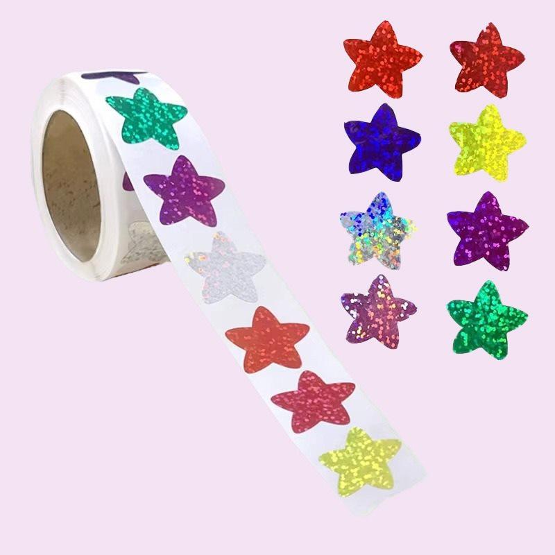 

1roll Colorful smiley face laser paper roll stickers, children s reward decoration pentagram emoticons