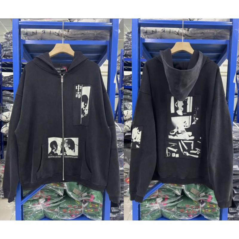Vintage West Coast Hooded Zip-Up Sweatshirt With Sanskrit Script Print Relaxed Fit Cotton Pullover Men