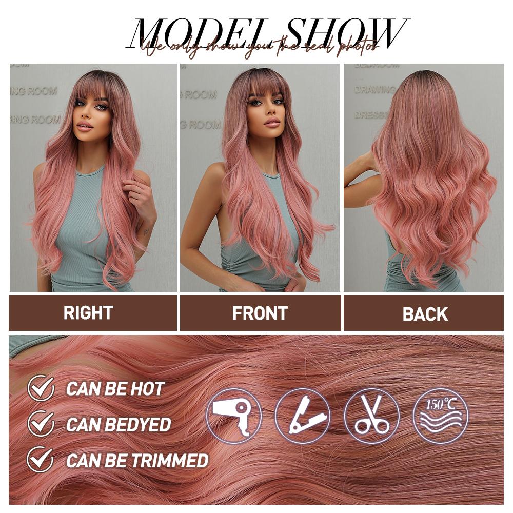 oneNonly Long Body Wave Ombre Brown Pink Synthetic Wigs with Bangs Natural Wave for Women Cosplay Natural Wig Heat Resistant