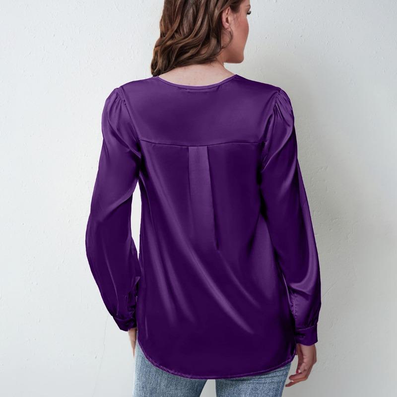 Plus Size Women's Pleated Long Sleeve V Neck Casual Loose Commuter Top