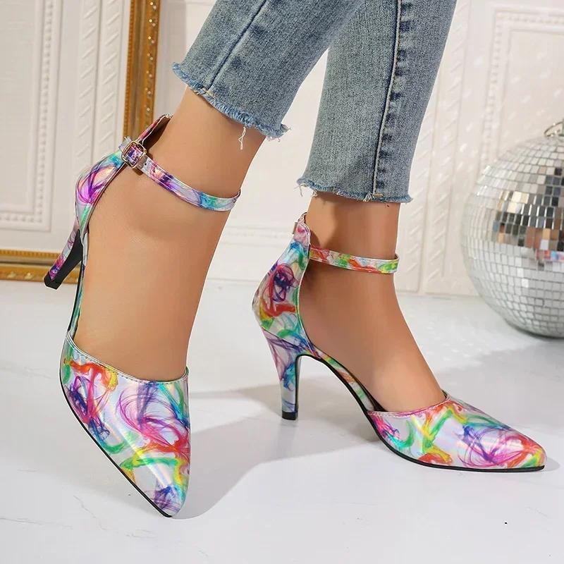 Ladies Shoes Fashion Ankle Strap Women Pumps Spring Pointed Toe Shallow Mixed Colors Buckle Dress Stilettos or Thin Heels Shoes