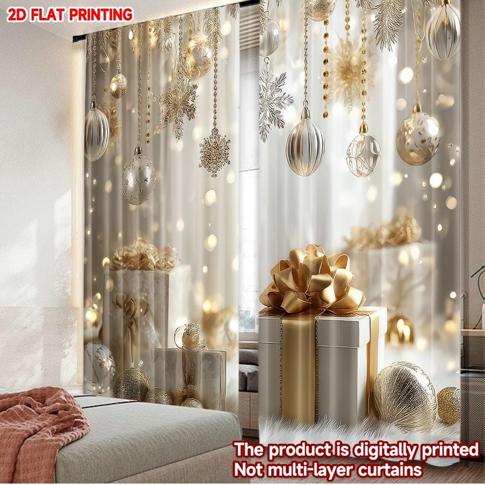 

Набор из 2 плоских печатных рождественских штор Золотые украшения Прочное полиэфирное волокно Весеннее использование Занавеска для стены дома во дворе W100*H70(CM)-Rod Pocket&2PCS