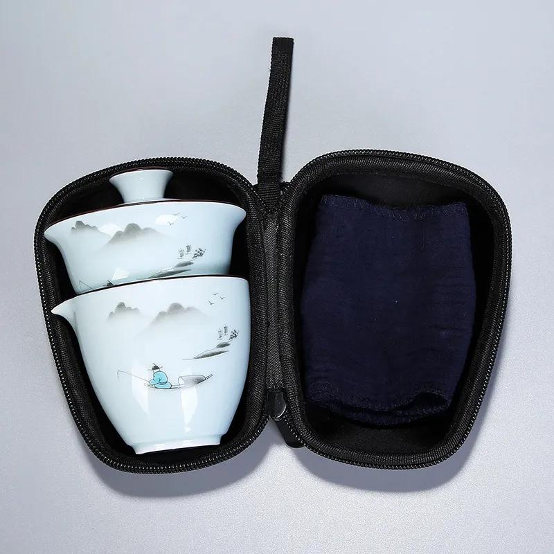 Set da Tè Kung Fu Cinese Set Teiera Portatile in Ceramica Tazze da Tè Gaiwan da Viaggio Tazza da Tè Cerimonia del Tè Tazza da Tè Bel Regalo con Borsa da Viaggio