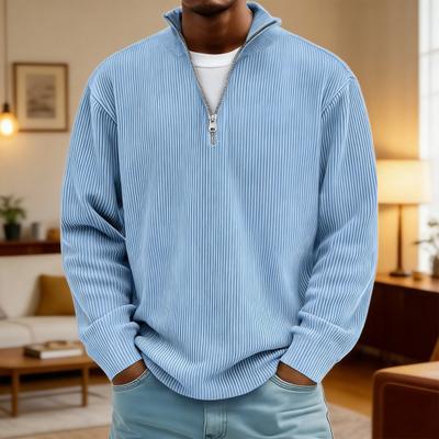 Herren Viertel-Reißverschluss Sweatshirt Lang Einfarbig Gerippte Ärmel Stehkragen Oberteil Lässiges Lockeres Pullover-Shirt