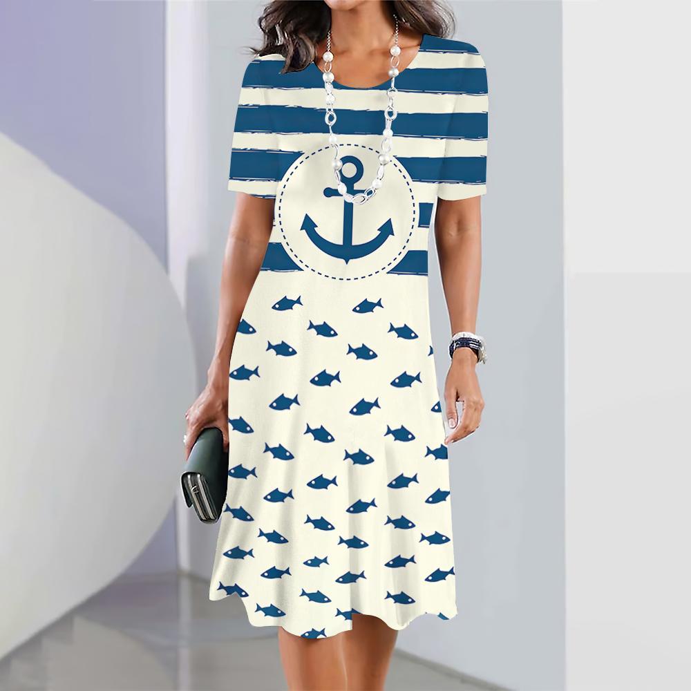 

Новые женские платья с принтом якоря 3D, элегантные летние платья с коротким рукавом, модная одежда больших размеров 6XL