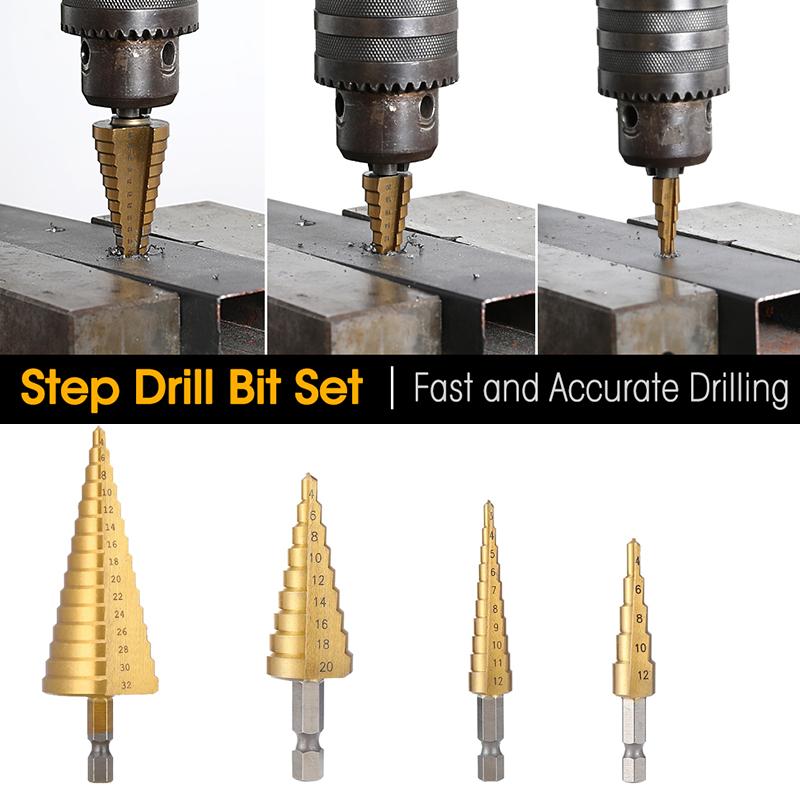 3pcs 3-12mm4-12mm 4-20mm 4-32mm Straight Groove Step Drill Bit Collection Titanium Coated Wood Metal Hole Chopper Core Drill Bit Collection