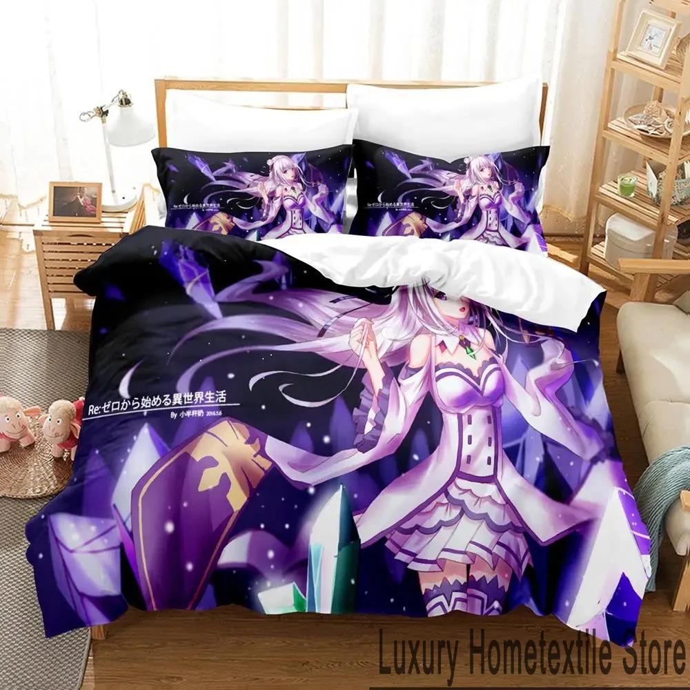3D-Druck Anime Re Zero Rem Ram Emilia Bettwäsche-Set Jungen Mädchen Twin Queen King Size Bettbezug Kissenbezug Bett Jungen Erwachsene Werkzeug
