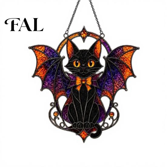 Spooky Farmhouse Party Supplies Halloween Bat Cat Suncatcher, Stained Glass Style Acrylic Sun Catcher, Gothic Dark Aesthetic Room Decor Black Hanging