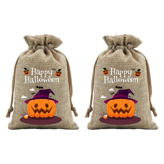 Handmade Style Party Bags 2Pcs Halloween Pumpkin Drawstring for Candy Treats, Retro Burlap Festival Totes Trick or Treat Bags, Portable Goodie
