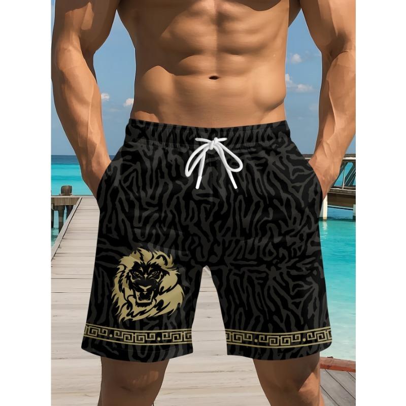 Summer men s domineering and sexy black-soled gold lion geometric edge print boys vacation shorts M