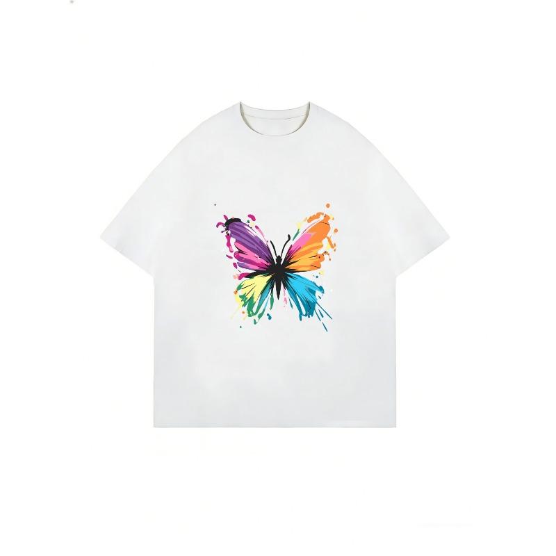 White T-Shirt With Colorful Butterfly Print For Casual Wear