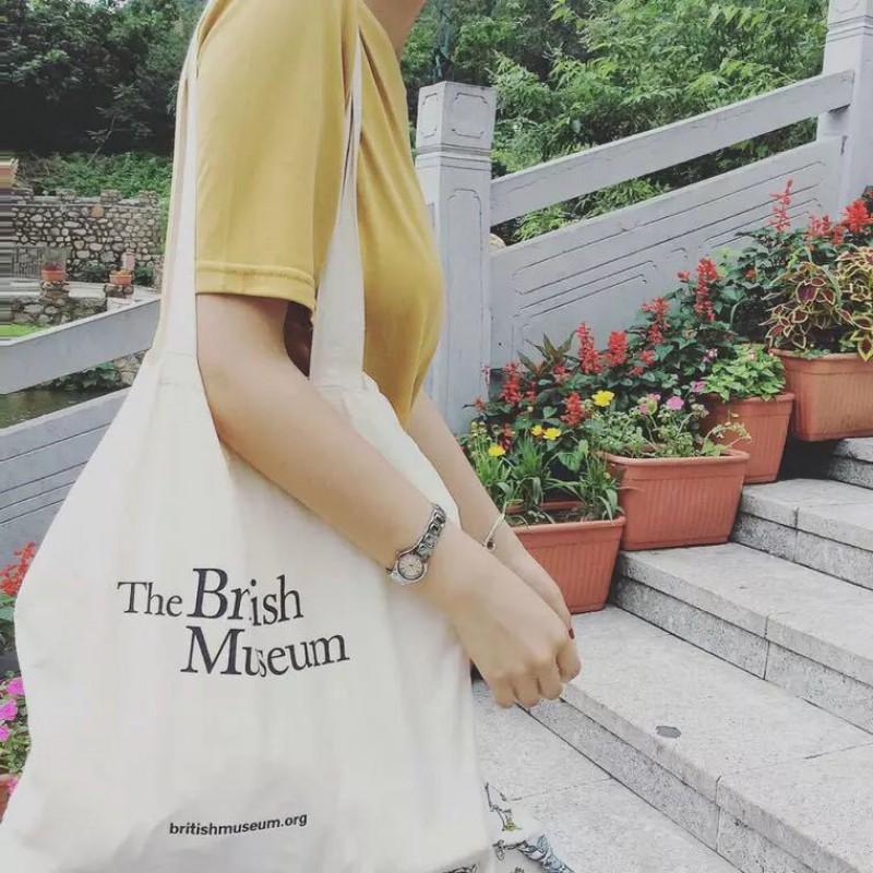South Korea Ins Style British Museum Letter Print Thin Cotton Grey Cloth Bag Simple All-matching Shoulder