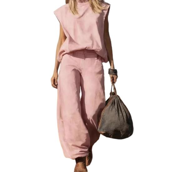 Summer 2 Piece Denim Set for Women Cap Sleeve Mock Neck Top And Wide Leg Pants Set Casual Loose Loungewear Outfit