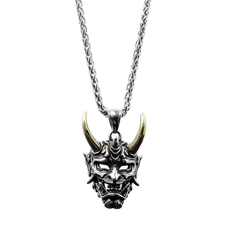 3D Carved Red-Faced Hannya Mask Pendant Necklace with Black Cotton Cord