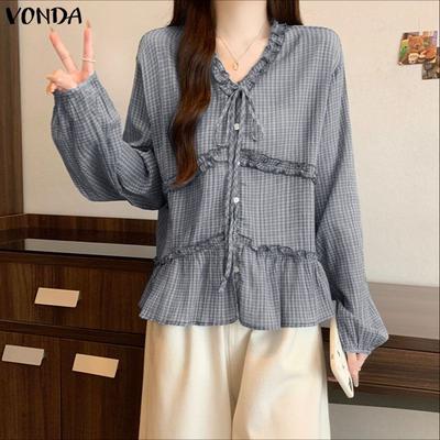Women Ruffled V Neck Loose Casual Long Sleeve Plaid Print Blouse