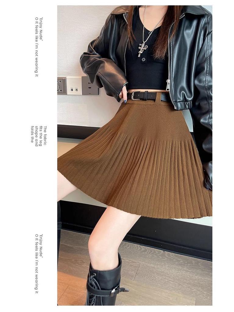 Women's Petite High Waist Knitted A-line Pleated Umbrella Skirt for Autumn and Winter