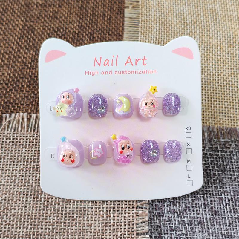 Purple Sparkle Star Cartoon Nail Art Stickers for Kids - Cute, Playful, Wearable Nails