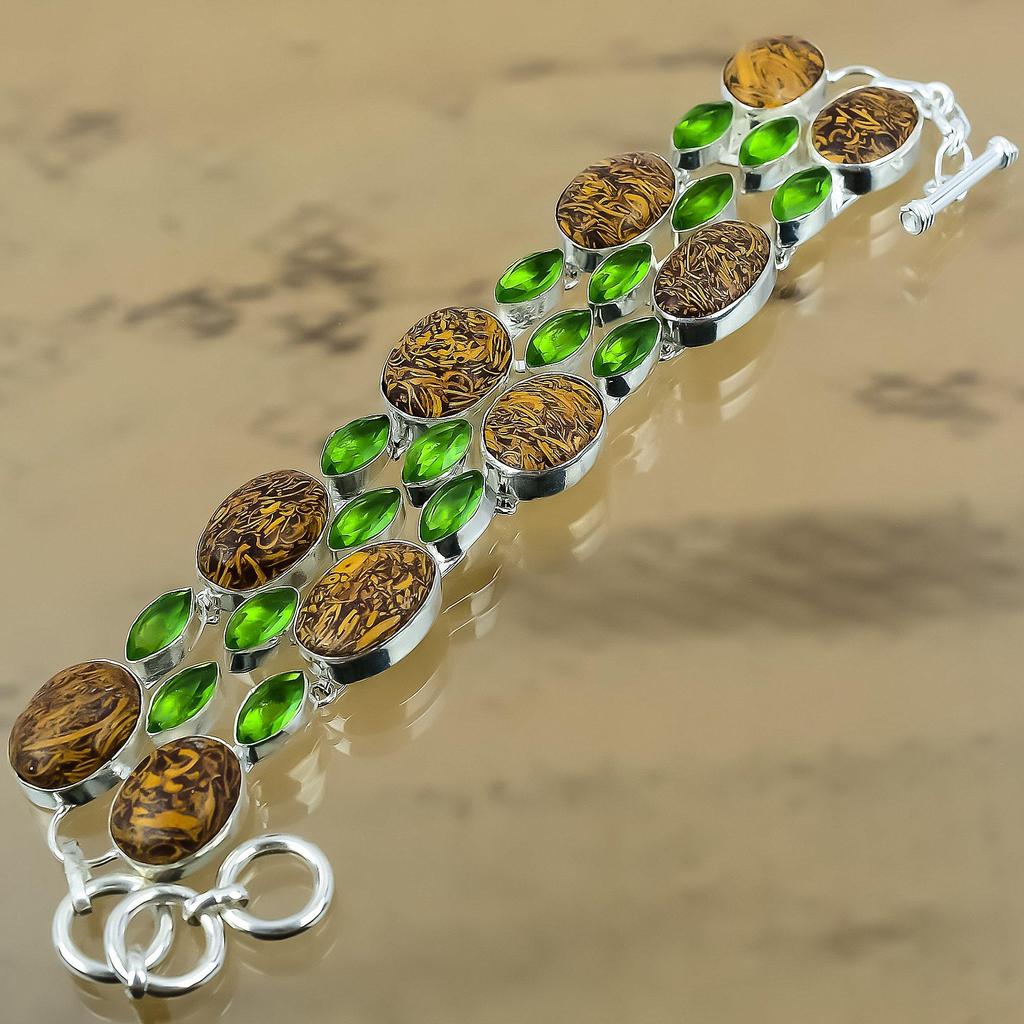 Gift For Her 925 Silver Natural Mariam Jasper Gemstone Chain Adjustable Bracelet