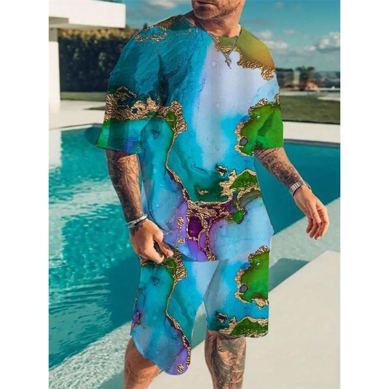Letni Nowy Męski Garnitur Codzienny Uliczny Casualowa Koszulka z Krótkim Rękawem Moda Sporty Outdoorowe Wygodne Spodenki Drukowanie Tekstury 3D
