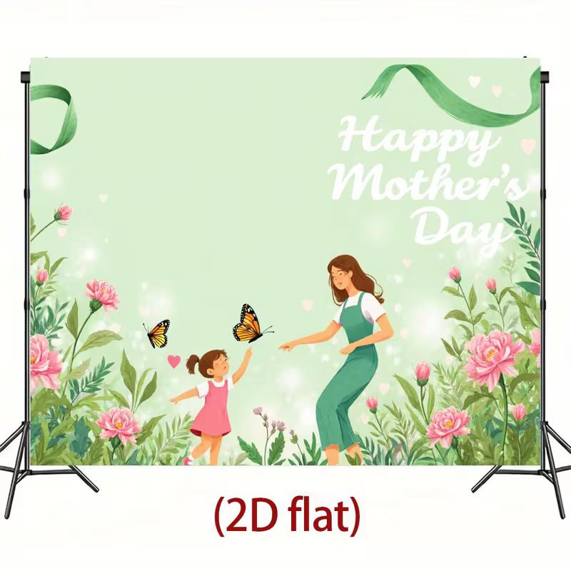 Sweet Mother's Day Tapestry, Soft Green Background with Mom and Daughter Playing Among Flowers, Warm and Loving Wall Art