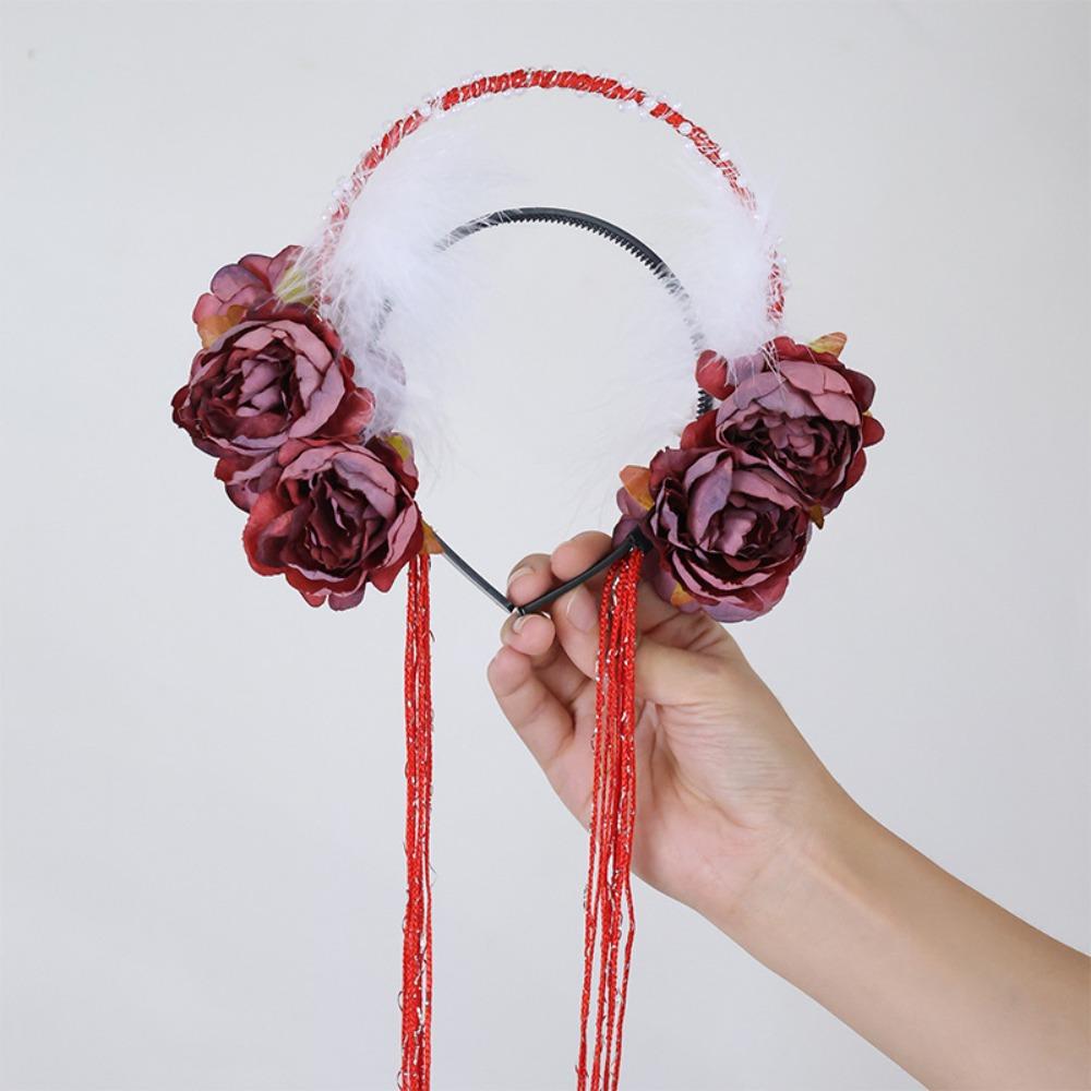 Perlenquasten-Haarreif Feder Hanfu Haaraccessoires Liebliches Blumen-Stirnband Mädchen
