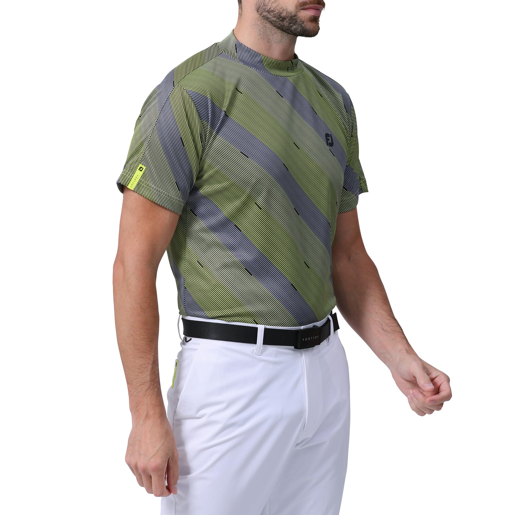 

FootJoy Men s Regimental Stripe Print Short Sleeve Mock Neck Shirt, Evening Primrose, Size L (FJ-S24-S06, 81807-L)