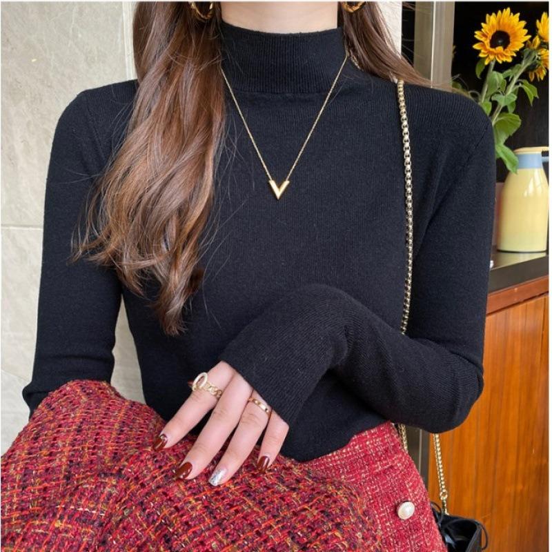 

2025 Semi-turtleneck Pullover Knitted Sweater Women Autumn Winter Casual Simple Bottoming Shirt Warm New Fashion Elegant Long Sleeve Inner Slim Top One size чорний
